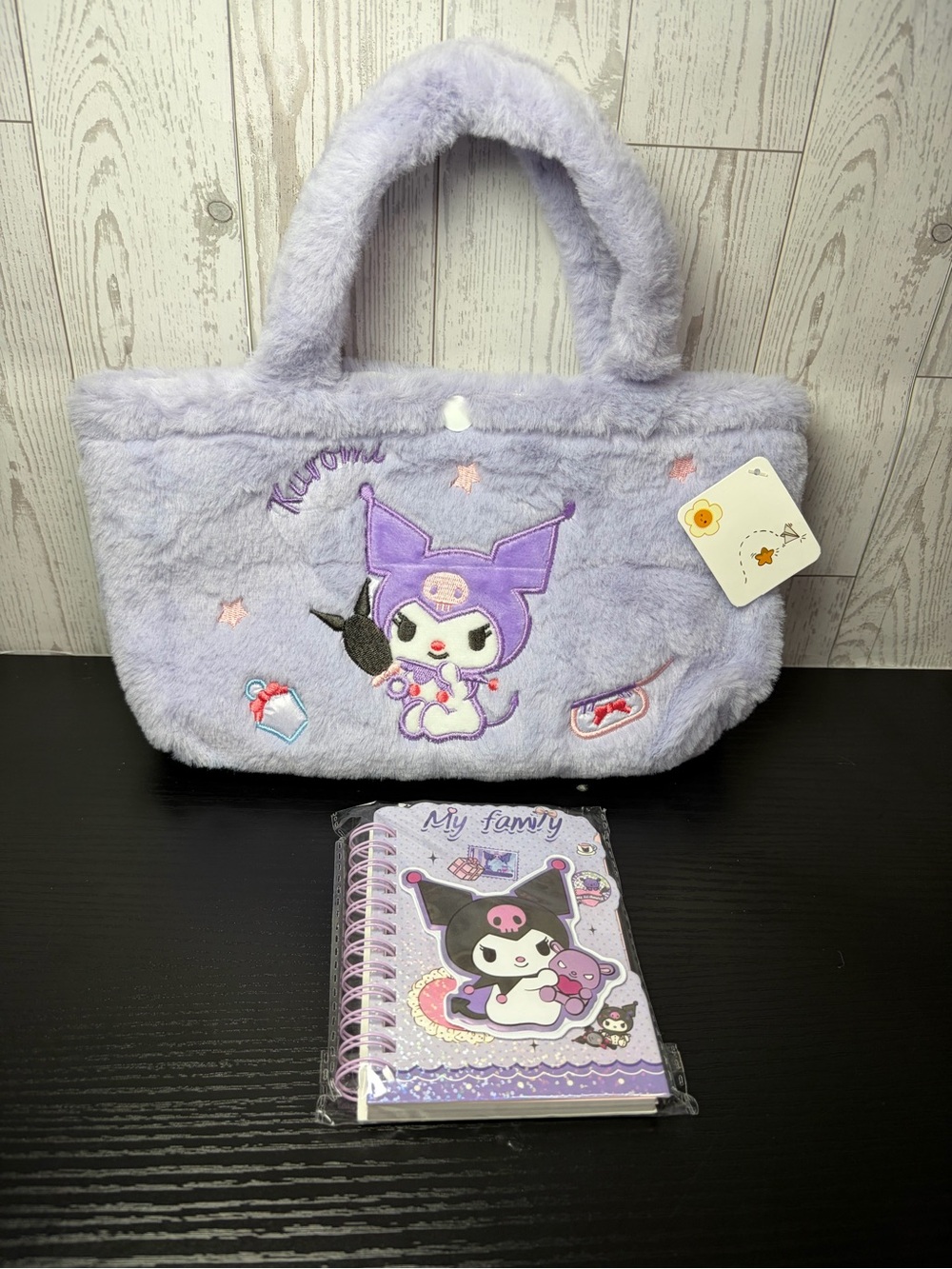 Lilac Plush Kids Kuromi Embroidered Handbag With Kute Kuromi Notepad